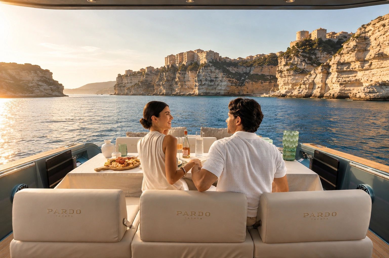 Couple profitant d'un dîner à bord d'un Pardo Yacht face aux falaises de Bonifacio, en Corse.